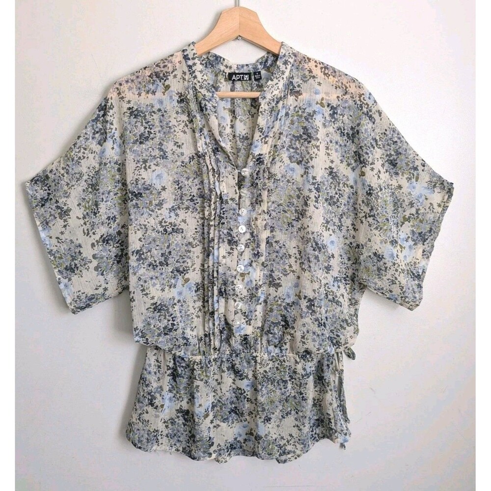 Y2K Sheer Chiffon Floral Top Peplum S Boho Fairy Cottage Sweet Blue Cream Apt 9